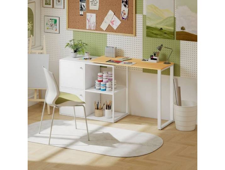 ROVRYN Bureau d'angle rotatif 360° avec rangement 2 placards et 2 étagères blanc aspect bois