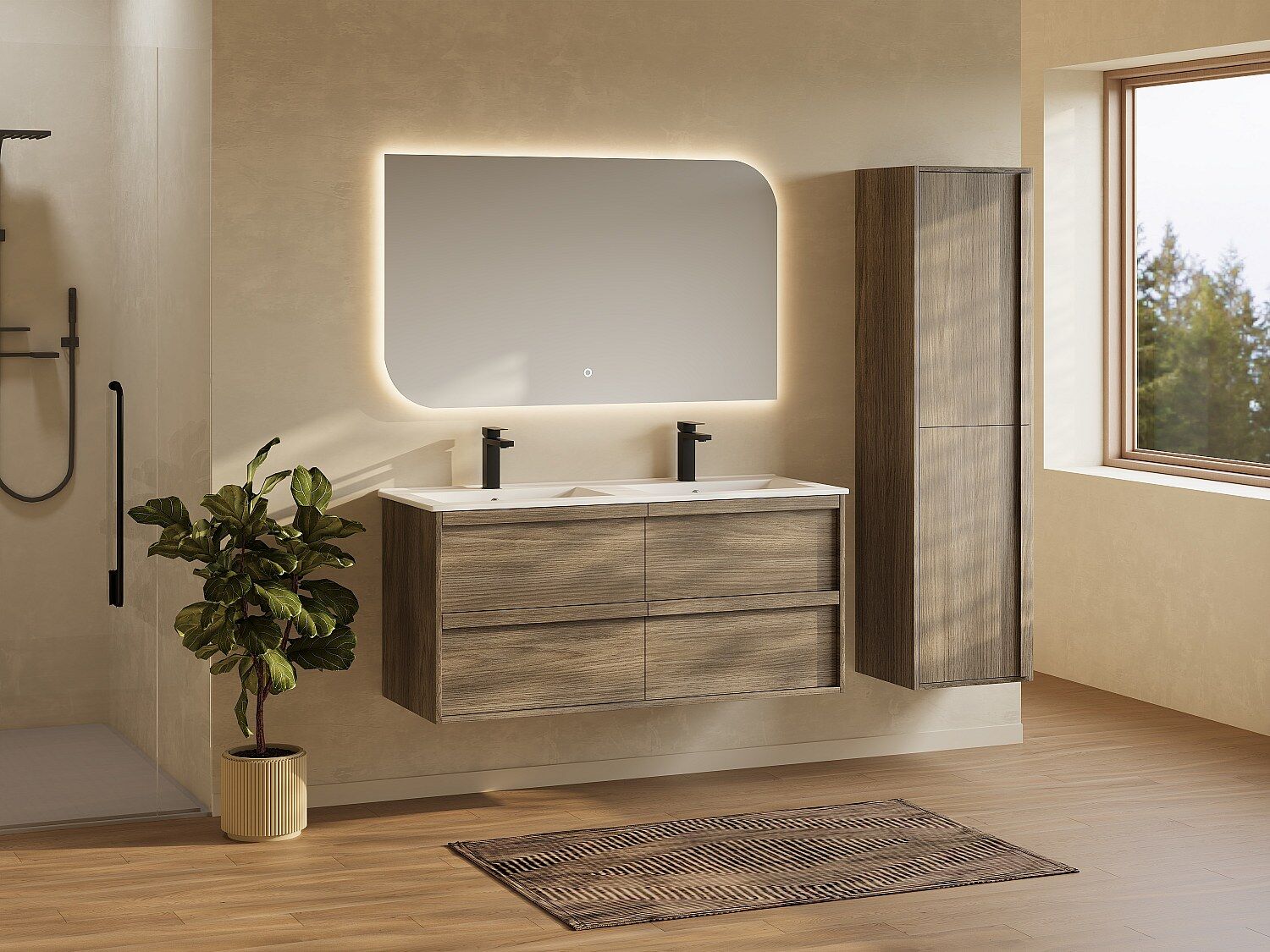 Unique Mueble de baño suspendido con lavabo encastrado y columna - Color natural oscuro - 120 cm - UBRILA