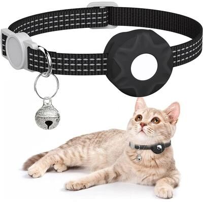 Inspired Finds Reflective AirTag Cat Collar With Secure Holder, Bell & GPS Tracking Support black
