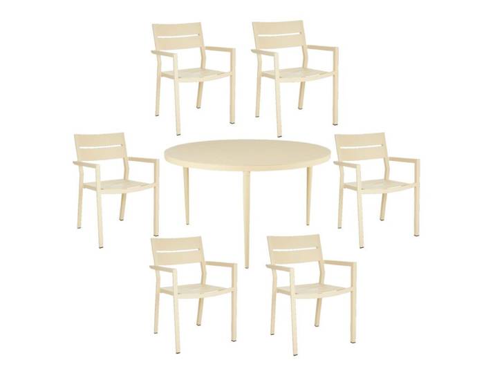 Brafab Delia/Bigby Gartenmöbel-Set 7-teilig, Tisch Aluminium rund Ø 130 cm - Aluminium lemon Trendig &amp; bunt stapelbar, Tischbein mit Höhenausgleich