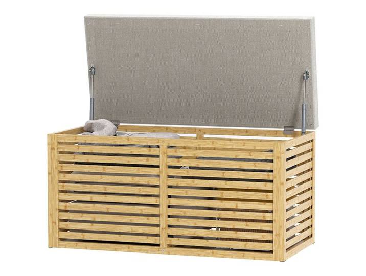 LIA Banc de rangement coffre de rangement rembourré en tissu aspect lin couvercle et structure en bambou gris et naturel