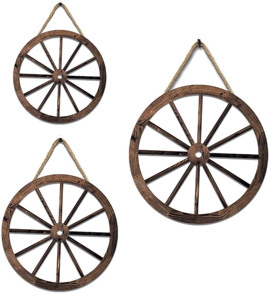 Set van 3 houten wiel decoraties voor wandmontage in houtkleur, tot 30 cm