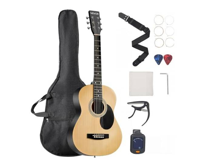 VEVOR Guitare Acoustique Dreadnought 6 Cordes\, 102 cm\, Table Épicéa Massif\, Fond Tilleul\, Touche Palissandre\, avec Sac à Dos Portable\, Accordeur\, Sangle\, Médiators\, Capodastre\, pour Adultes Débutants