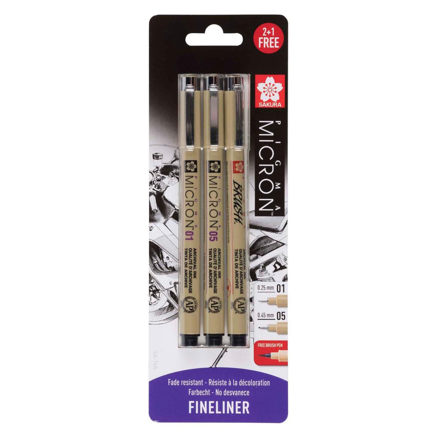 Sakura Pigma Micron fineliner set | 3 pens, 0.25 mm + 0.45 mm + 1 Pigma Brush for free, black (3x) (BLXSDK3AS)