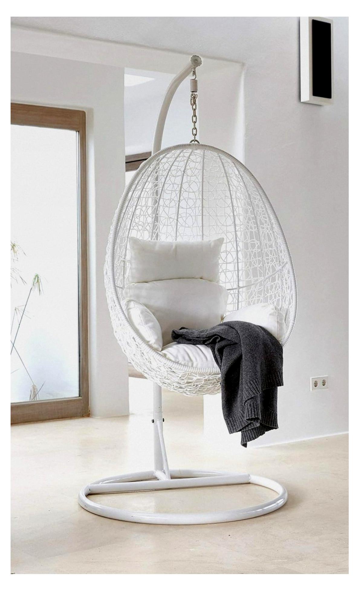 Hängesessel mit Gestell und Sitzkissen, Loungemöbel, komplett in Weiß (Kissenfarbe: Weiß)