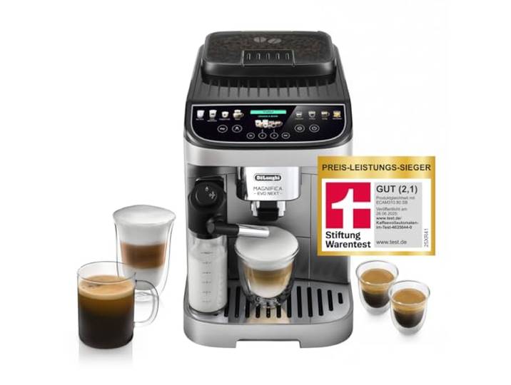De’Longhi Magnifica Evo Next - Perfetto Kaffeevollautomat mit LatteCrema-Milchaufschäumer, 13 One-Touch-Getränke, Coffee- und Cappuccino Kaffeemaschine, farbiges Touch-Display, Titan (ECAM312.80.SB)