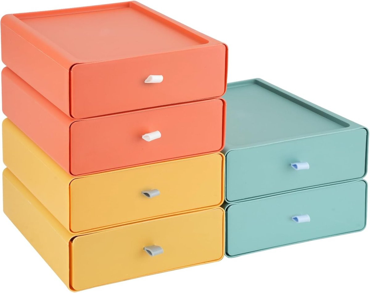 Set van 6 Stapelbare Desktop Opbergladen met Grote Capaciteit voor Kantoor en Badkamer