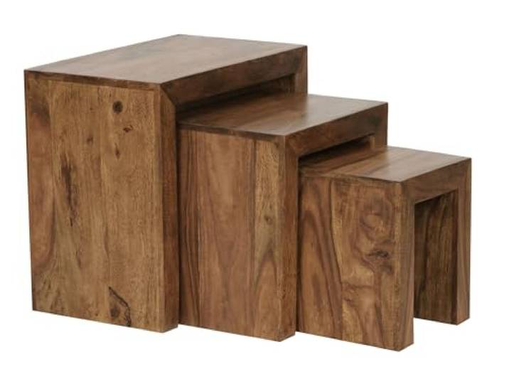 Wohnling 3er Set Satztisch Massiv-Holz Sheesham Wohnzimmer-Tisch Landhaus-Stil Beistelltisch dunkel-braun Naturholz