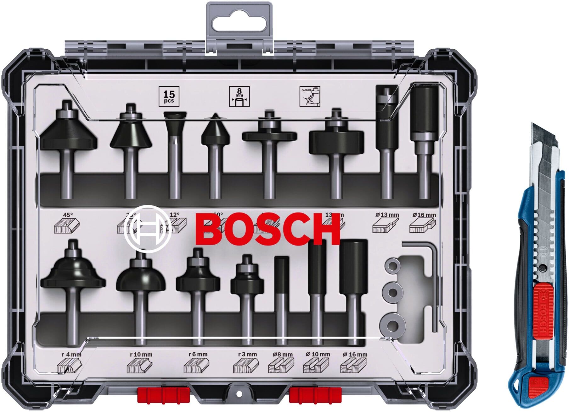 Bosch Fräser-Set, 15-teilig, inklusive gratis Cuttermesser (0615997653)