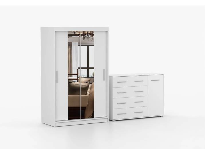 Schwebetürenschrank und Kommode 2er-Set NEOMI 01/FRIDA 02 Weiß Weiß