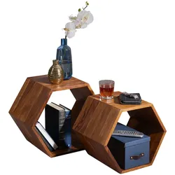 Sheesham Massivholz Satztisch 2er Set in Wabenform, Braunton, handgefertigt. 46x30x40 cm | Kadima Design