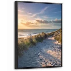 LEINWAND Bilder mit Rahmen - Sonnenuntergang - Strand - Düne - Gras - Ufer - 30x40