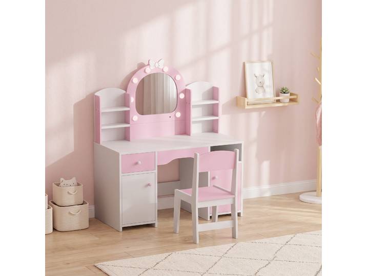 AIYAPLAY Coiffeuse Enfant Rose avec Tabouret et Miroir LED 90x41x104cm