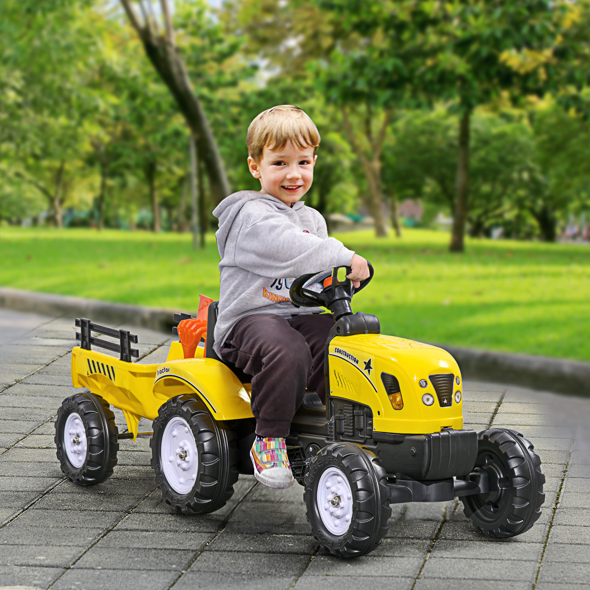 Homcom Trattore a Pedali per Bambini da 3+ Anni con Rimorchio, Rastrello, Pala e Clacson, Giallo