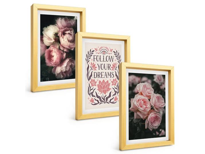 BILDER SET 3er Set - 20x30 cm Goldrahmen - Vintage-Rosenträume-Inschrift