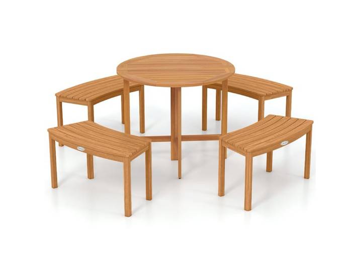 Ensemble Table et Chaises de Jardin COSTWAY Bois d'Acacia Banc Incurvé sans Dossier Table Pliable Rond 90cm Intérieur Extérieur