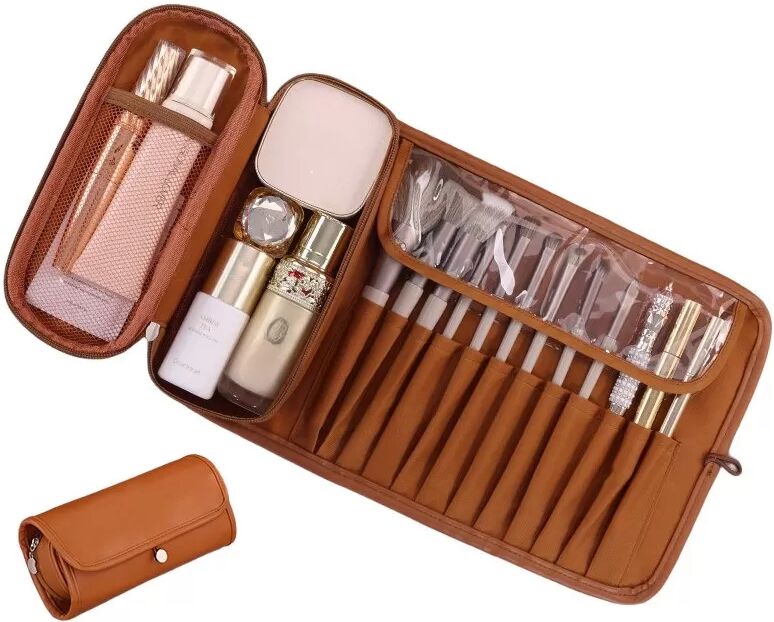 INF Multifunktionale, faltbare Make-up-Tasche - Professionelle Kosmetik-Organizer-Tasche Braun