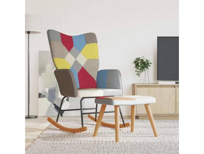 NLQMSU Schaukelstuhl mit Hocker, Patchwork, Stoff Gepolsterter Schaumstoff, Stahlrahmen, Holzschienen, stabil und langlebig