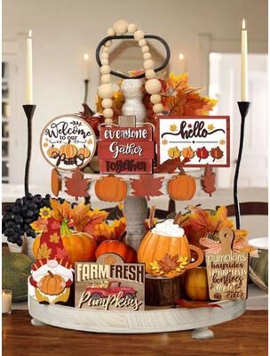 Inspire Essentials Fall Harvest Wooden Tiered Tray Decor Set For Farmhouse Autumn Display Fall Harvest Wooden Tiered Tray Decor Set For Farmhouse Autumn Display