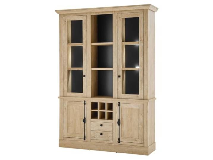 Lomadox Esszimmer Buffetschrank Vitrinenschrank 147 cm breit, Eiche mit schwarz, mit 2 Glastüren, 2 Holztüren, 3 offenen Fächern, 2 Schubladen und 6 Flaschenfächern, Landhausstil