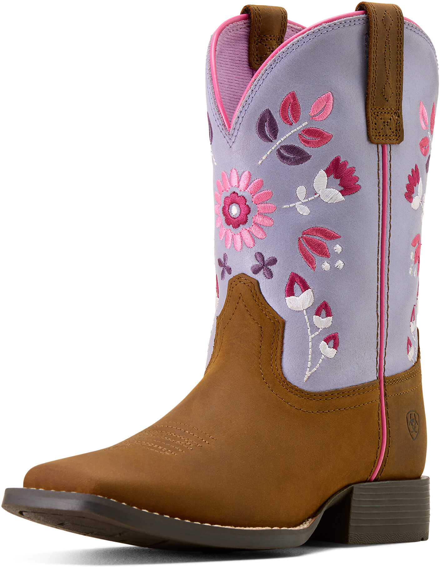 Kid's Wild Bloom Wide Square Toe Western Boots in Distressed Brown Mystic Lavender, Size: 2.5 K B / Medium by Ariat