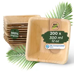BIOZOYG 200 Stück quadratische Einwegschalen Palmblattschalen 300ml für Partys, umweltfreundliches Biogeschirr, Einmalgeschirr, biologisch abbaubar