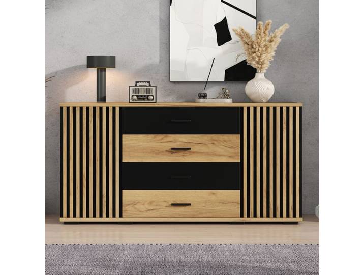 Buffet et enfilade - ZEVKOR - 140x35x70 cm - 4 tiroirs - 2 portes - MDF décor chêne/noir