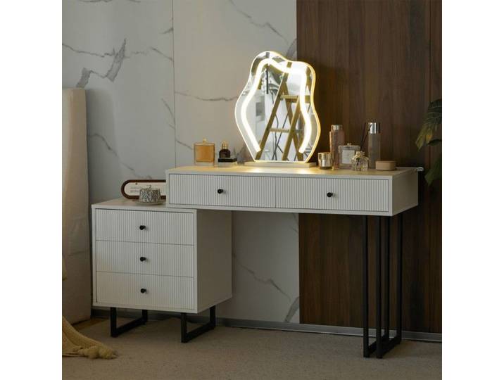 Coiffeuse Blanche 100x40x76cm miroir LED 3 Couleurs plateau Extensible meuble Cosmétique Sans Tabouret Pour Votre Chambre À Coucher