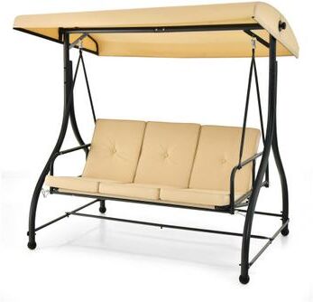 Costway 3 Seat Outdoor Porch Swing with Adjustable Canopy-Beige