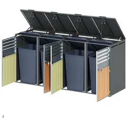 STILVORA Mülltonnenbox Stahl Grau/Holzoptik, 4 Fächer, abschließbar, mit Klappdeckel