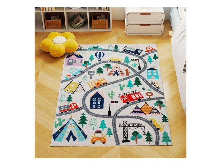 FELIXLEO Kinderteppich Teppich mit Autobahn Muster, weißer Hintergrund, weiches Fleece, Bunt