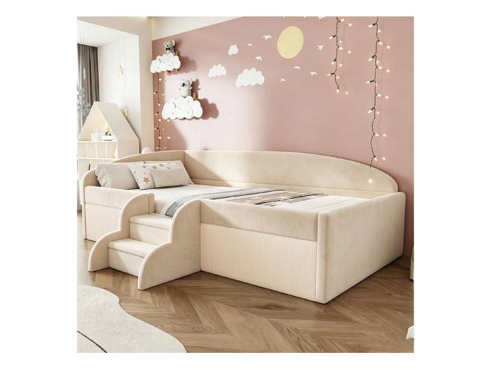 HAUSS SPOLE Polsterbett 90x190 mit Stufen und Zäunen,Tagesbett Daybett aus Samtstoff,Beige (mit Stufen, Sicherheitsbügeln und hautfreundlichem Samt, 90x190 cm, 90x190 cm), ohne Matratze