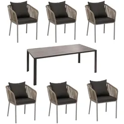 PROREGAL Gartengarnitur Tisch+6xStuhl wetterfest Alu 180x80cm Seilgeflecht Rope Grau Kissen Dunkelgrau