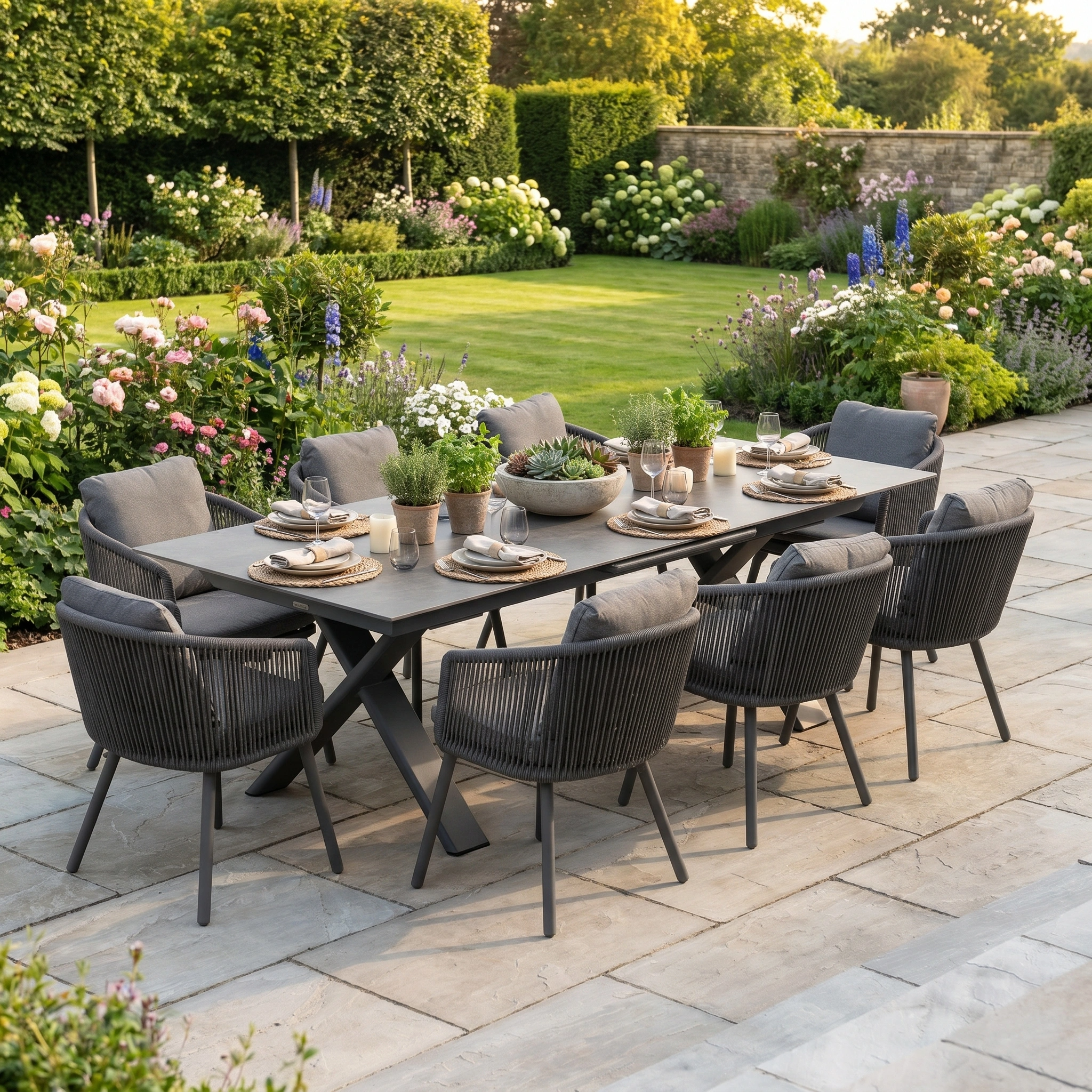 Harbour Lifestyle Dekota 8 Seat Rope Dining Set with Albatross Extending Table in Charcoal