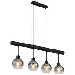 Hängeleuchte Holzbalken Hängelampe Retro Holz Esszimmerlampe Pendelleuchte 4 flammig, schwarz, Glas rauch, 4x E27, LxBxH 85x15x120 cm