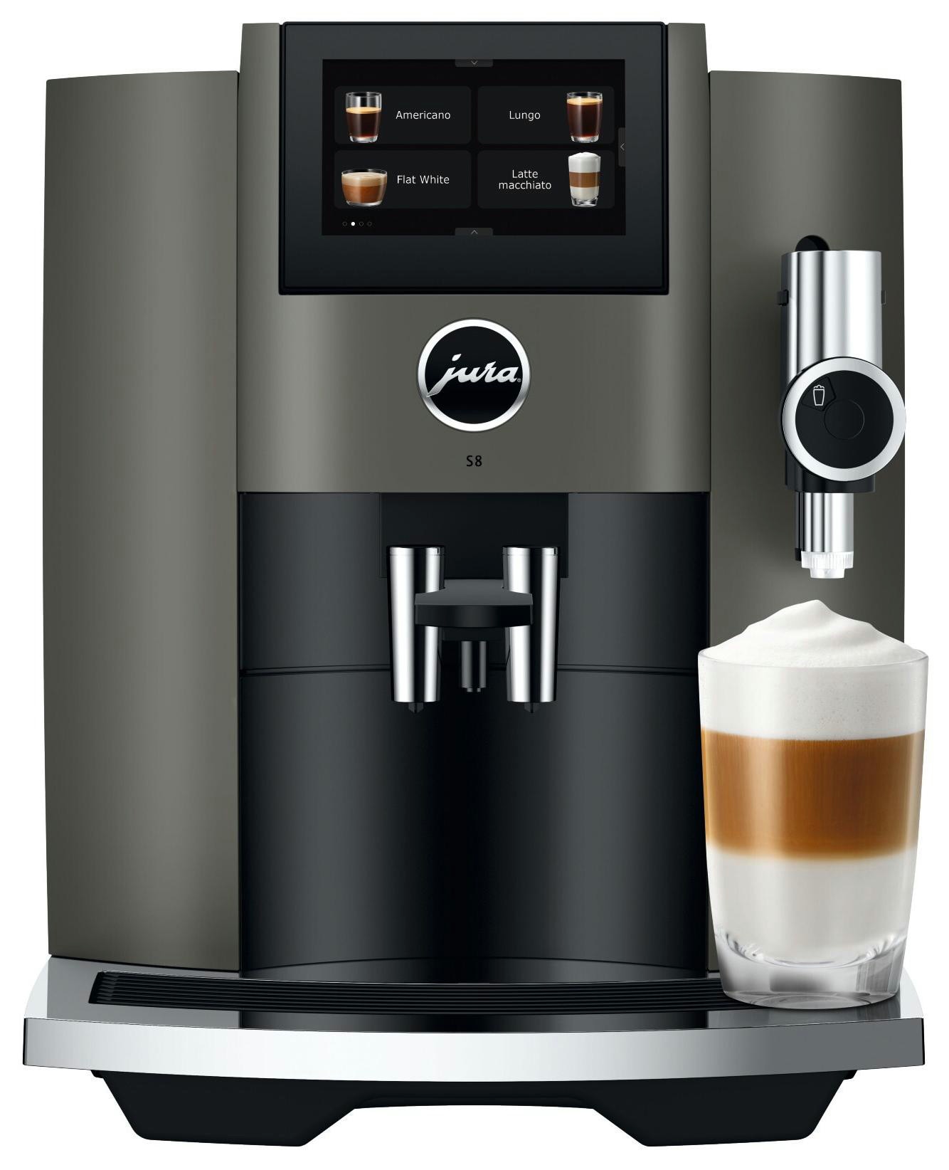 JURA S8 (EB) Kaffeevollautomat, 27 Spezialitäten, 4,3"-Touchscreen, WiFi, Sweet Foam & Sirupaufsatz, Feinschaum-Technologie, Energiesparmodus, Dark Inox 15480