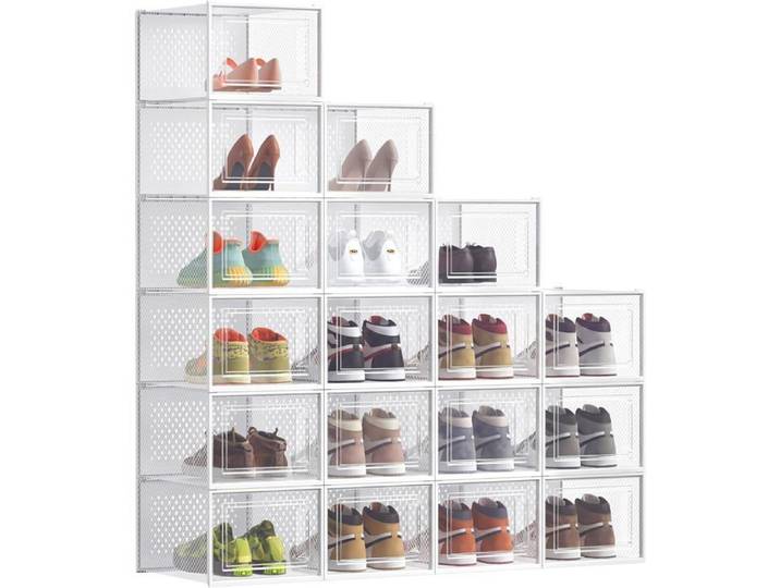 Boîtes à chaussures pliables - Lot de 18 unités transparentes et blanches - Rangement pratique pour chaussures jusqu'à pointure 46