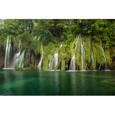 Fototapete PAPERMOON "WASSERFALL-BÄUME FLUSS SEE STEINE BLUME WALD BACH SONNE", bunt, B:4m L:2,6m, Vlies, Tapeten