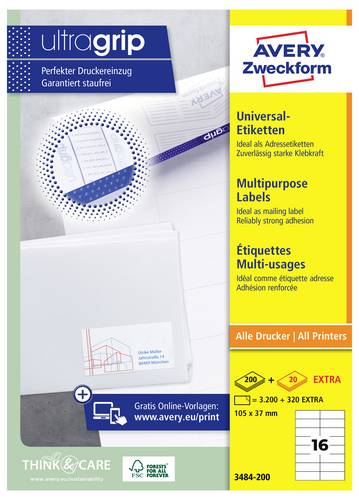 Avery-Zweckform 3484-200 Universal-Etiketten 105 x 37mm Papier Weiß 3520 St. Permanent haftend Laserdrucker, Farblaserdrucker