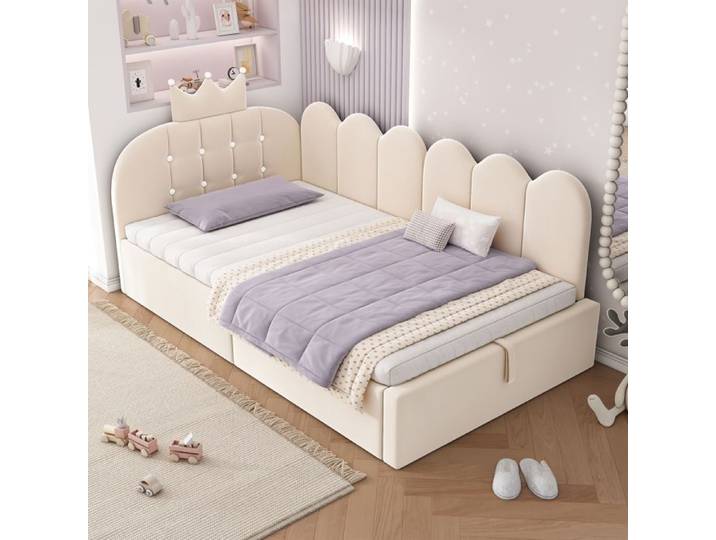 Lit Coffre Enfant 90x190 Cm En Velours Beige Design Couronne Et Grille Sommier Inclus
