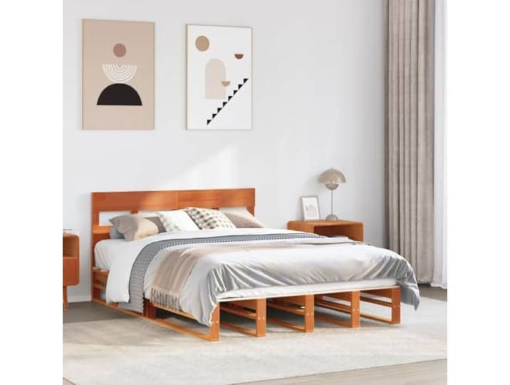 RJPLMFV Bettgestell, Massivholz, Kiefer, 160 x 200 cm, Braun Mit Kopfteil, Lattenrost, rustikales Design, ohne Matratze