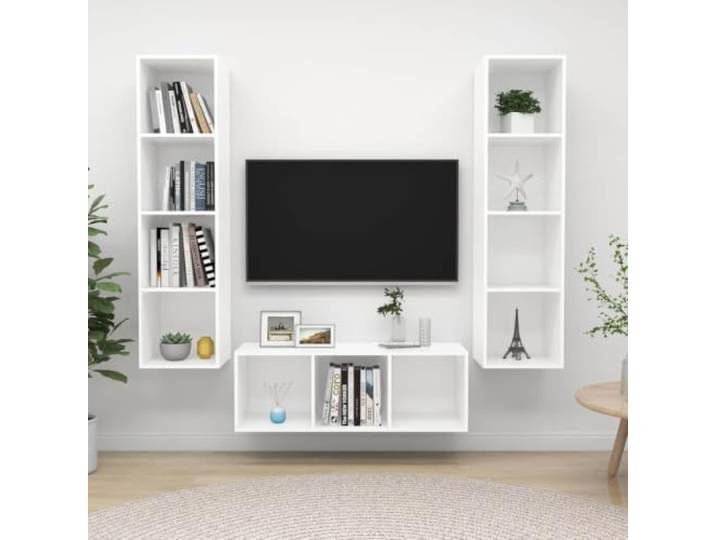 HEFZGDB 3-TLG. TV-Schrank-Set Weiß Holzwerkstoff mit viel Stauraum - Wandmontiertes TV-Möbel für Organisation und Aufbewahrung - Einfache Reinigung mit feuchtem Tuch - Zeitlose