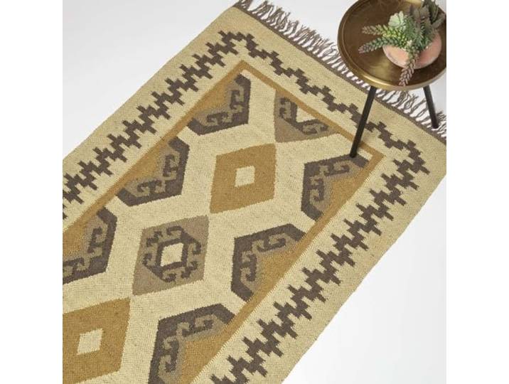 Homescapes Ravar Teppich geometrisch Gold-grau 160x230 cm, Jute-Teppich handgewebt, Kelim Teppich Rautenmuster