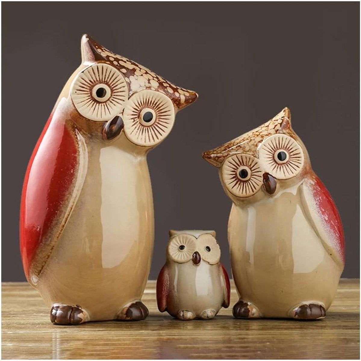Handgemaakt Keramiek Uilen Standbeeld - Drie Uilen Decoratie - Rood - Hoogte: 17,5 cm