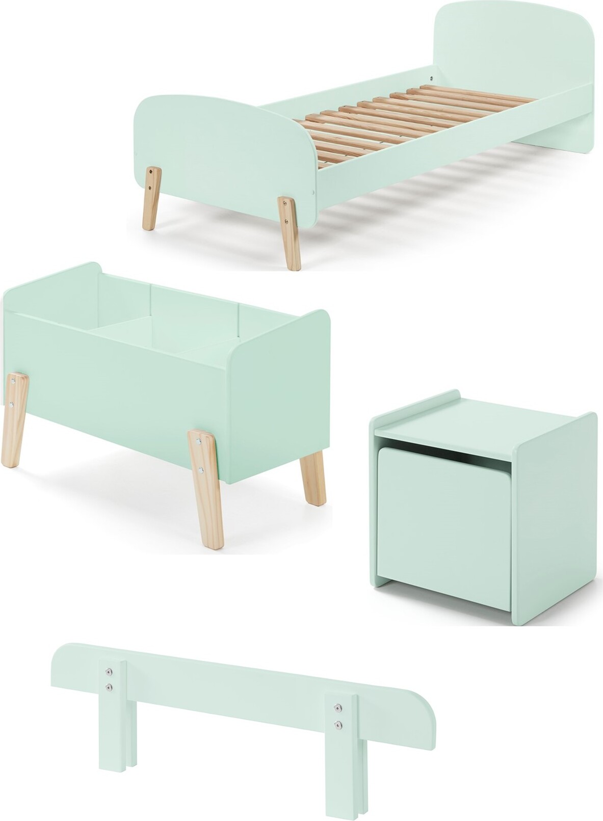 Diese KIDDY-Kombination in Mintgrün besteht aus einem Bett (90x200) mit Nachttisch, Sicherheitsgitter und Spielzeugtruhe.