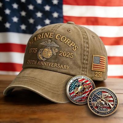LightInthebox Honoring 250th USMC Retro Washed Baseball Cap with 2 Pcs Commemorative Coins, Vintage Embroidered United States Marines Corps 250th Anniversary Hat, Patriotic Gift for Men