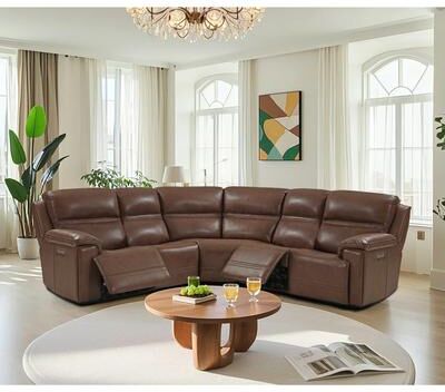 UR livingroom 5PCS, 3 power Recliners, Dual-Power Genuine Leather Reclining Sectional with Adjustable Headrest