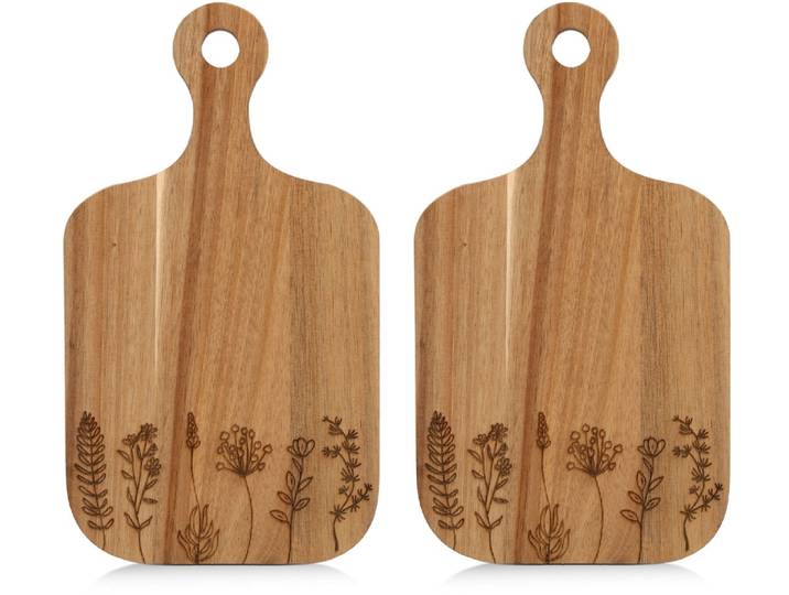 Servierbrett ZELLER PRESENT Schneide-/Servierbrett 2-tlg. mit Griff Wildflowers , braun, B:17cm H:2cm L:30cm, Akazienholz, Schneidebretter, Servierbrett, Servierbrett, natürliches Material