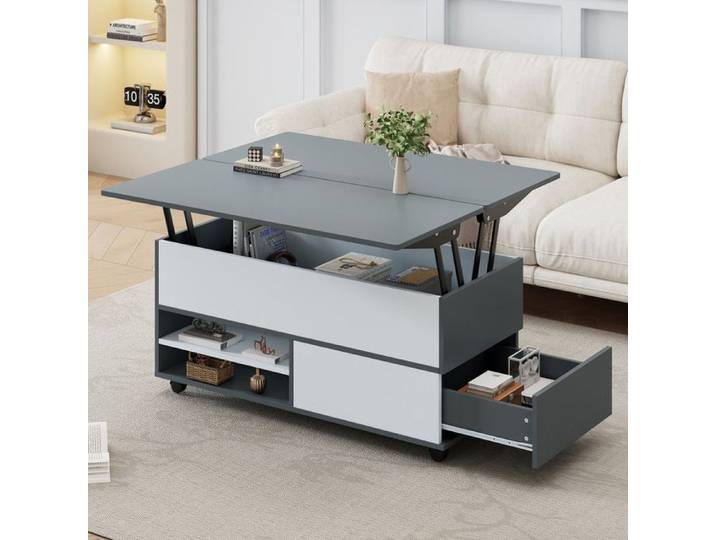 Table basse relevable 100x49-98x65 cm Table basse extensible salon avec 1 tiroir 1 porte rangement dissimulé roulettes - gris