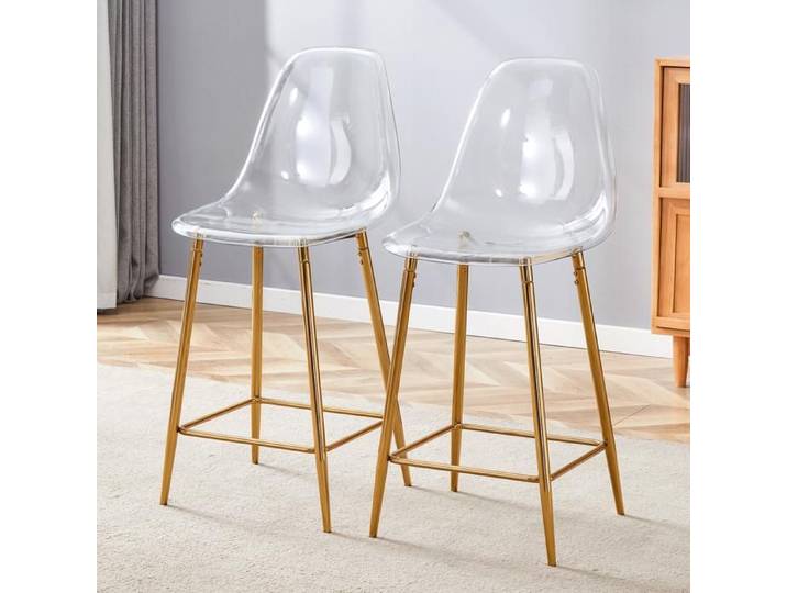 Tabouret De Bar Lot de 2 H102cm Coque Transparente - Chaise De Bar - Pieds Métal Doré Effet Flottant Élégant Montage Facile